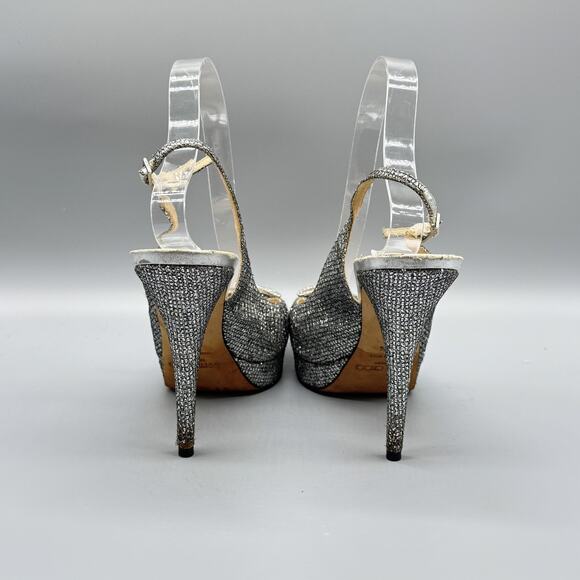Jimmy Choo Shoes Womens 9.5 Silver Peep Toe Slingback Glitter Crystal Bow Heels - Picture 8 of 13